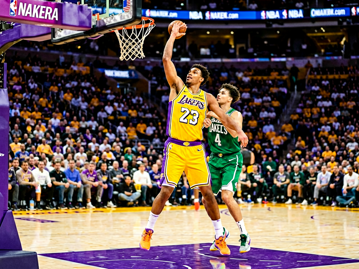 NBA湖人队比赛现场,球员在球场上突破上篮