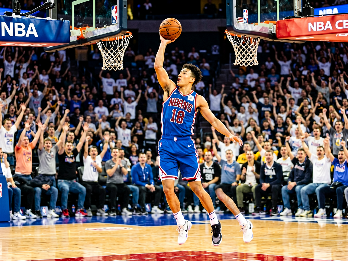 篮球赛事直播场景,NBA比赛现场球员突破上篮,观众热情欢呼
